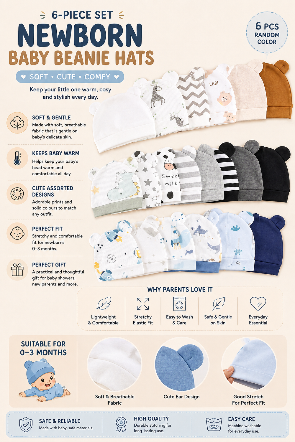 6pc Newborn Baby Beanie Set